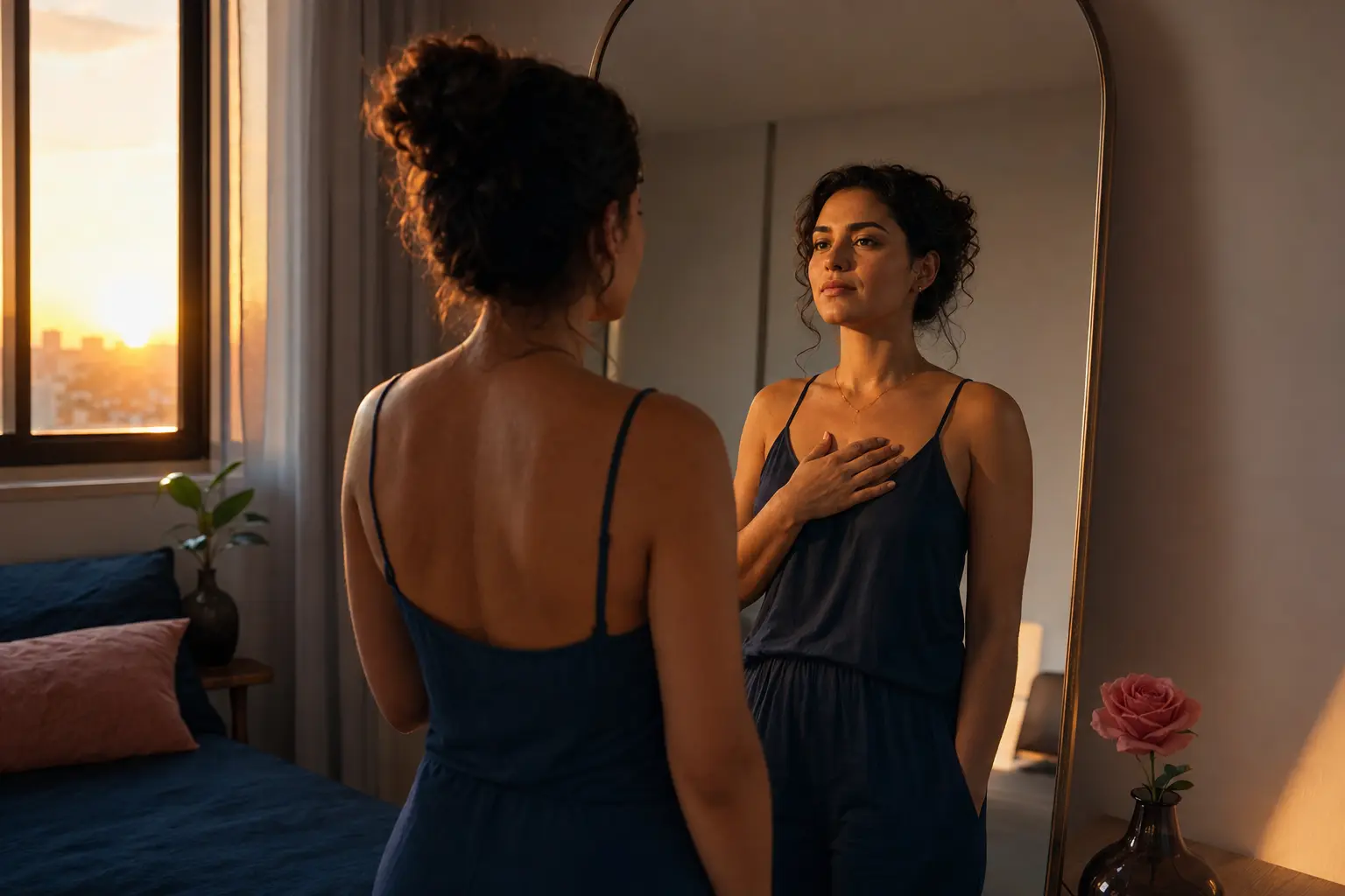 Mulher observa o próprio reflexo com confiança
