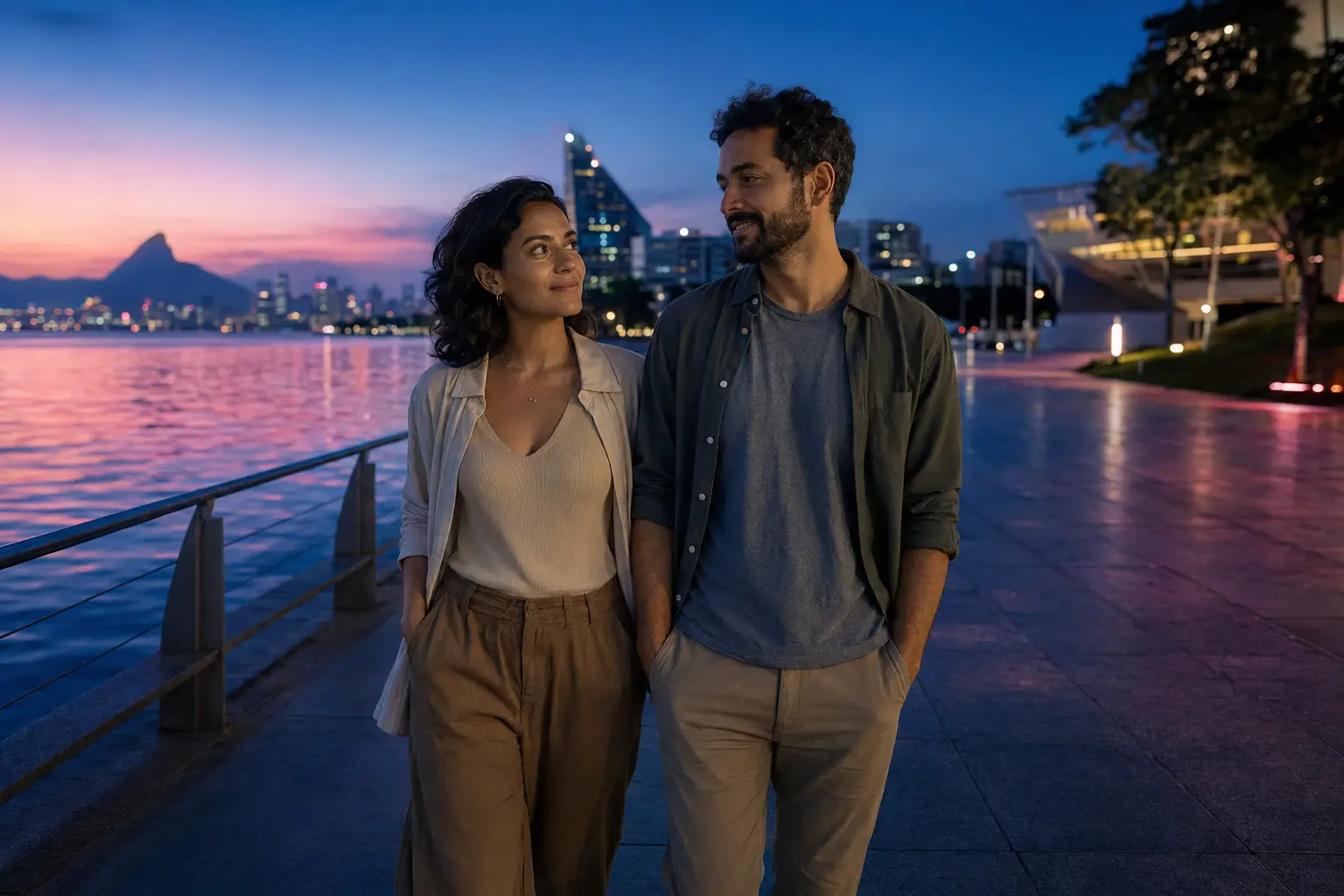 Casal caminha lado a lado ao entardecer